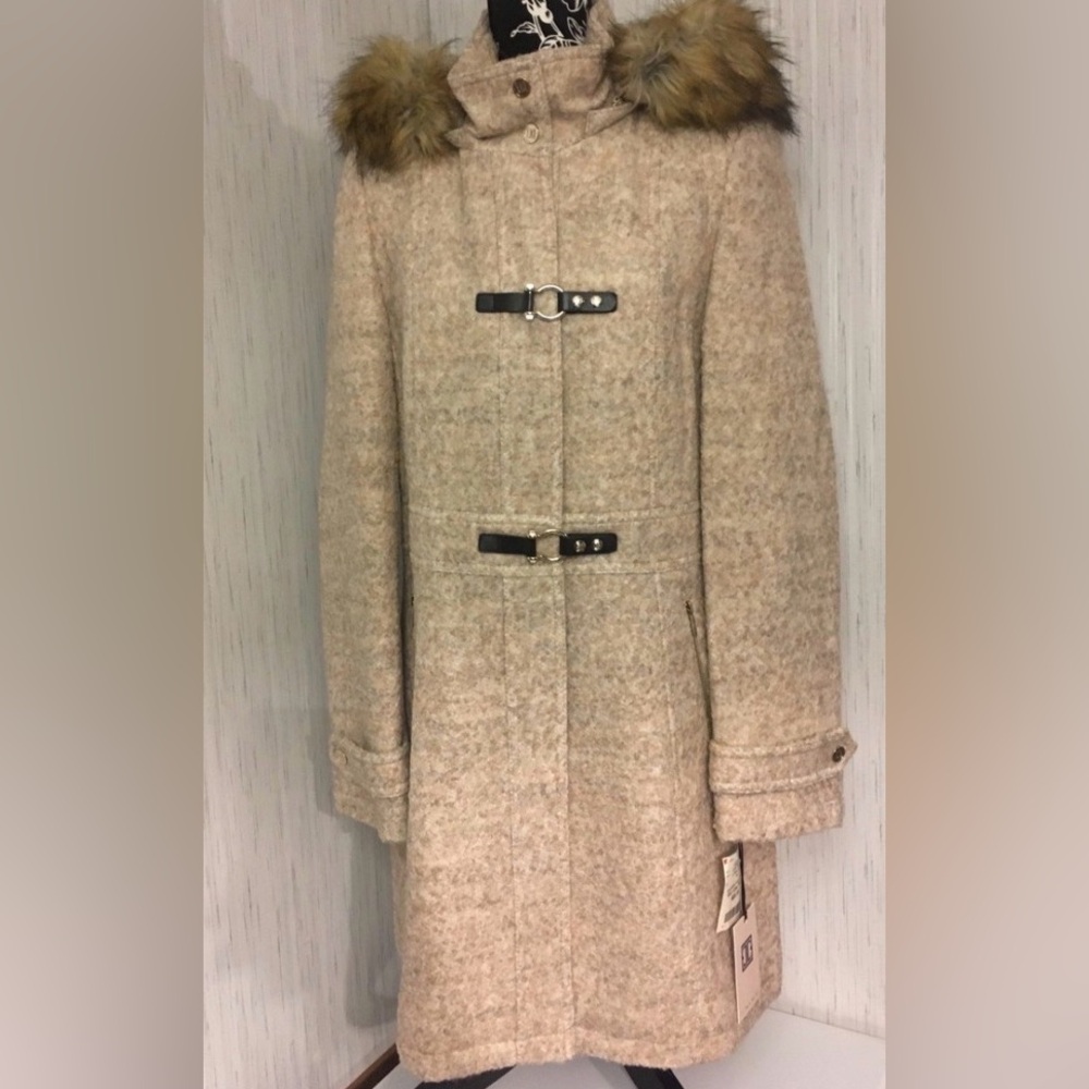 Classy wool coat with removable with faux fur hooded and satin liner.